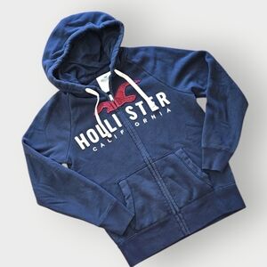 Y2k Hollister California Full-Zip Hoodie Navy Blue Red Logo Sweatshirt XS